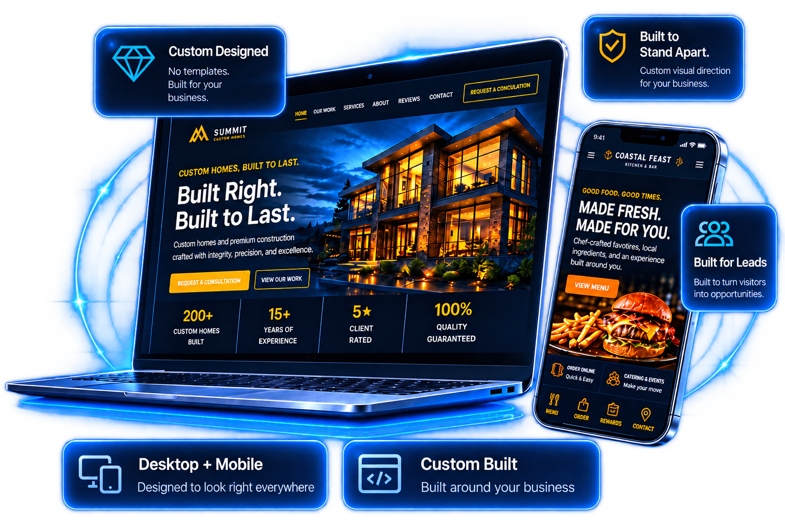 Premium custom website mockups featuring desktop and mobile website designs