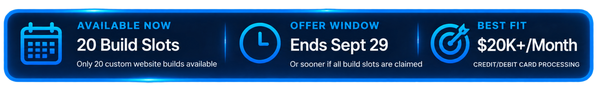 20 build slots available, offer ends September 29, typical best fit is businesses processing $20,000 or more per month