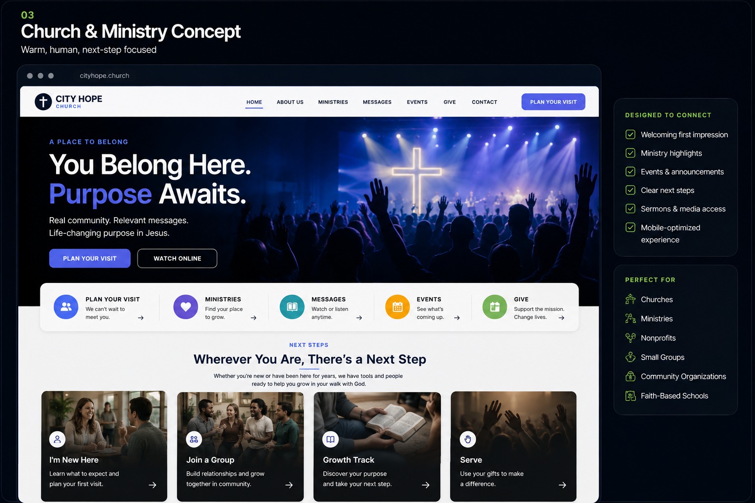 Church and ministry website concept showing visitor planning, ministries, messages, events and next steps