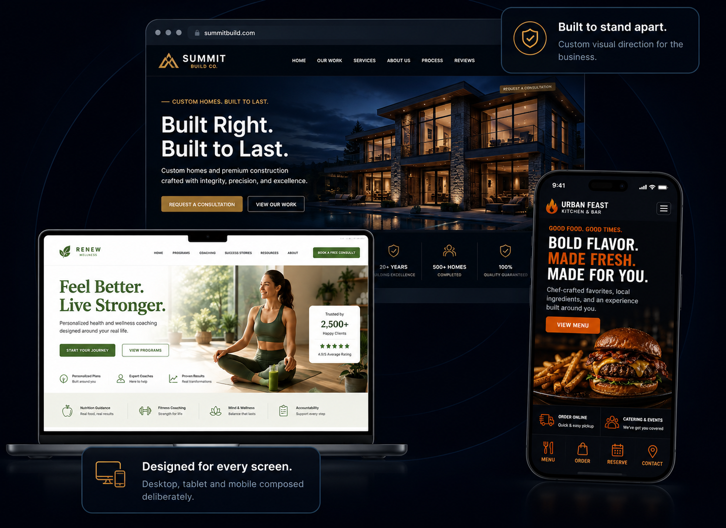 Responsive Eagle Vision Digital website concepts shown correctly on desktop, laptop and mobile devices across construction, health and wellness, and restaurant industries