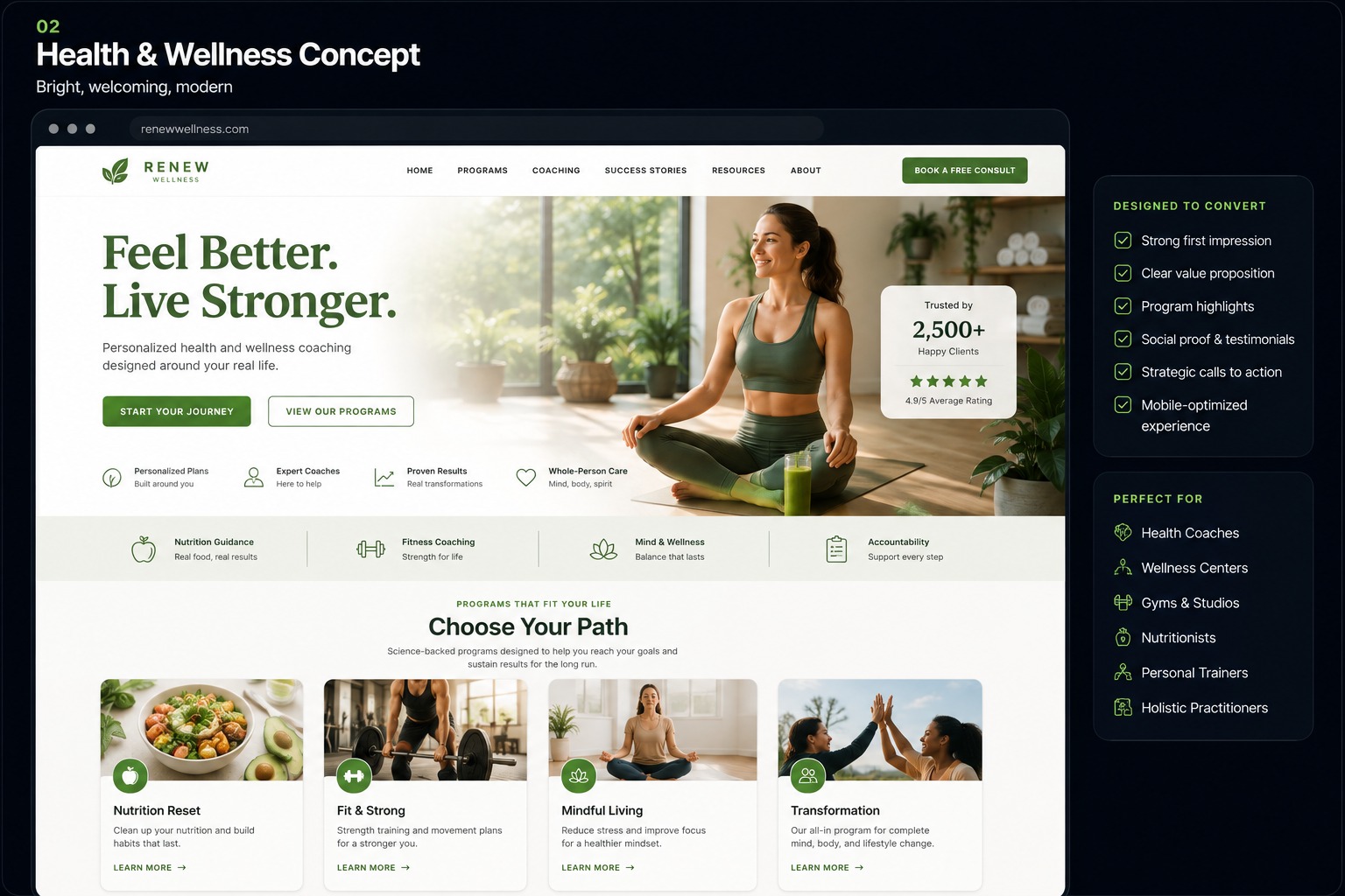 Health and wellness website concept showing modern coaching, programs and conversion-focused features