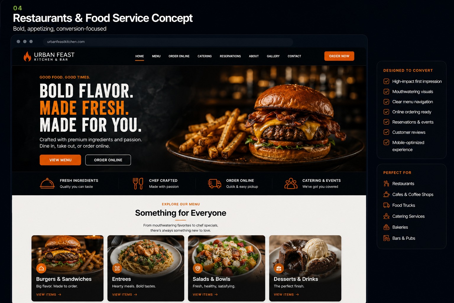 Restaurant and food service website concept showing menu, ordering, reservations and conversion-focused features