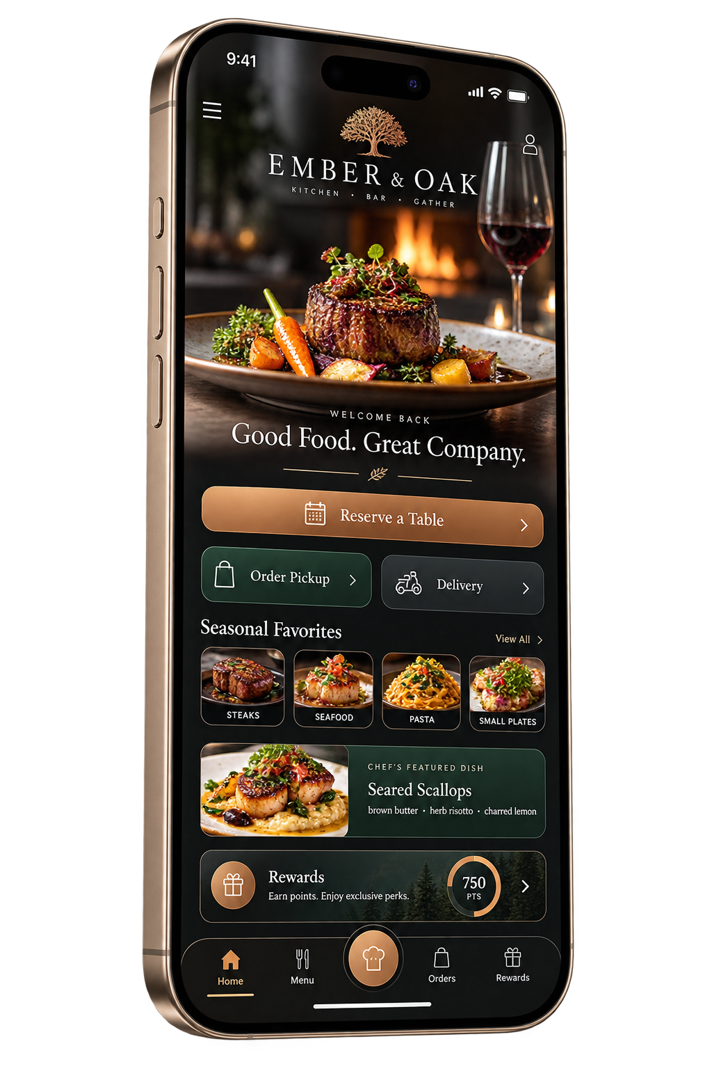 Ember and Oak restaurant mobile app for reservations, pickup, delivery and rewards