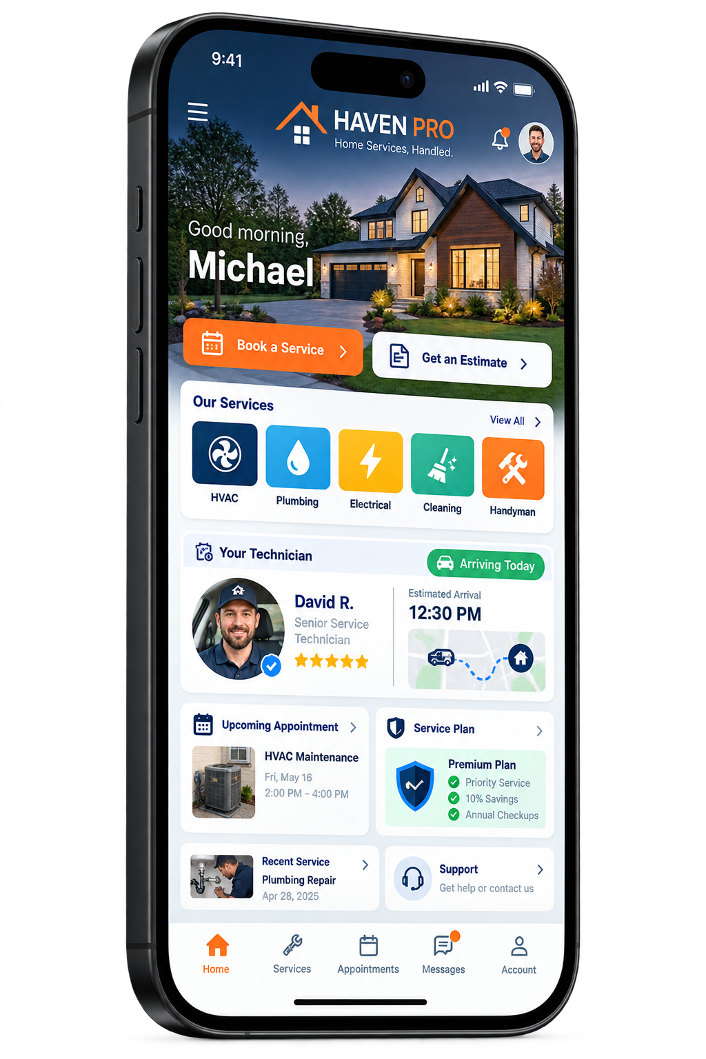 Haven Pro home services mobile app for booking, estimates, technician tracking and customer support