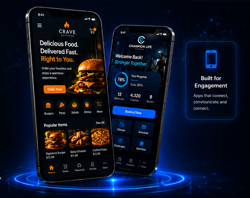 Crave Kitchen restaurant app and Champion Life Fitness app displayed on smartphones with a Built for Engagement panel