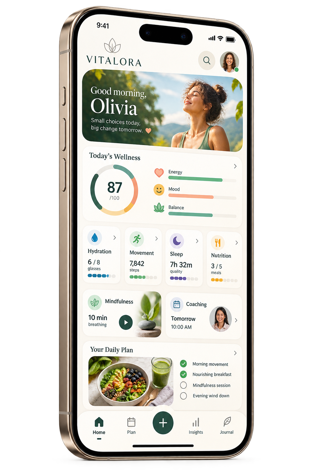 Vitalora health and wellness mobile app for daily wellness, coaching and personalized plans